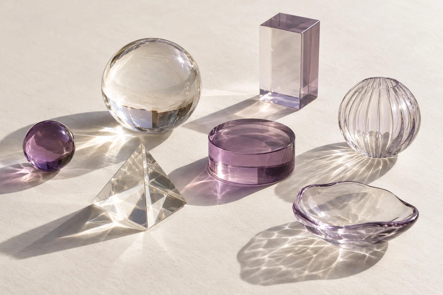 An irregular field of unnumbered glass shapes casting distinct shadows