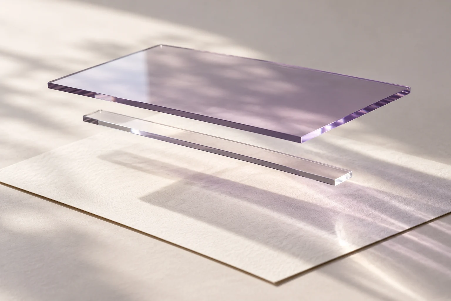 Two separated transparent layers above an unmarked paper surface